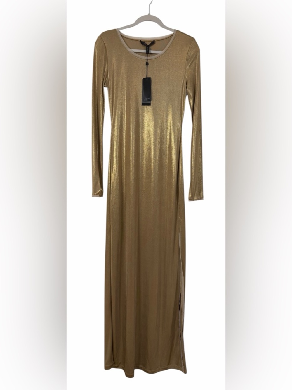 NWT BCBG Maxazria Fresno Maxi Dress Gold Liquid Gown Metallic Size Large